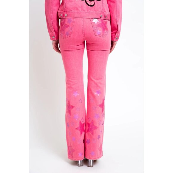 Grace in LA Denim - NEW GRACE IN LA “LET'S GO GIRLS” EMBROIDERY PINK DENIM HIGH WAIST FLARE JEANS